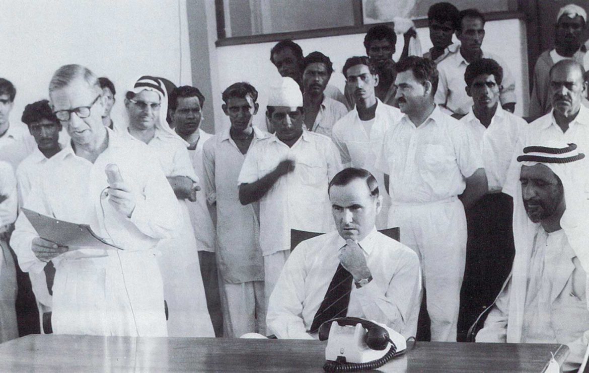 Outside new premises of Dubai Telephone Company, July 28, 1960. Source: Donald Hawley, The Emirates: Witness to a Metamorphosis