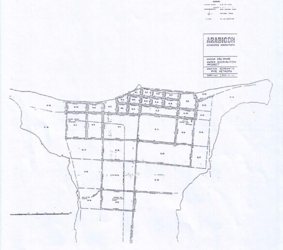 Plan of water distribution project by Arabicon, a British architectural and engineering consultancy which opened an office in Abu Dhabi to oversee discrete housing and development projects. Plan courtesy of Abdulrahman Makhlouf.